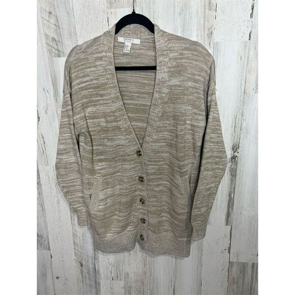 Women's Tan and White Cardigan Sweater M V-Neck Button-Up Long Sleeve Forever 21 - Picture 1 of 6